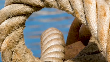 Close-up-of-nautical-rope-in-port-of-Blanes,-Spain