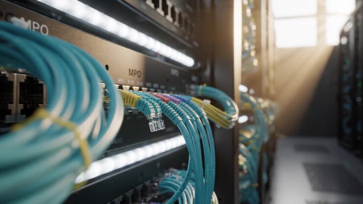 Complessa rete di cavi e fibre ottiche all'interno di un data center che mostra la tecnologia moderna in azione con una luminosa illuminazione naturale.