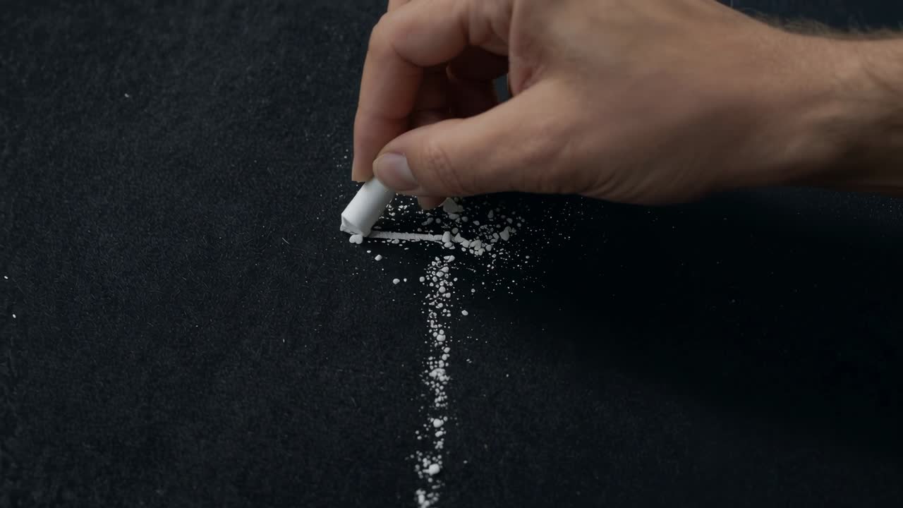 Pokládání křídy, pravá ruka kreslí čáru na tabuli, tvoří pravý úhel a rozptyluje prach, s místem pro text.