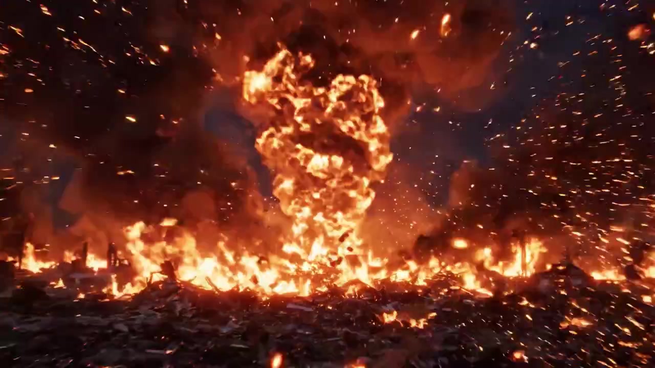 Una scena vasta e caotica di fuoco e fumo devastanti, che evidenzia l'intensità e la ferocia delle fiamme sotto un cielo che si oscura.