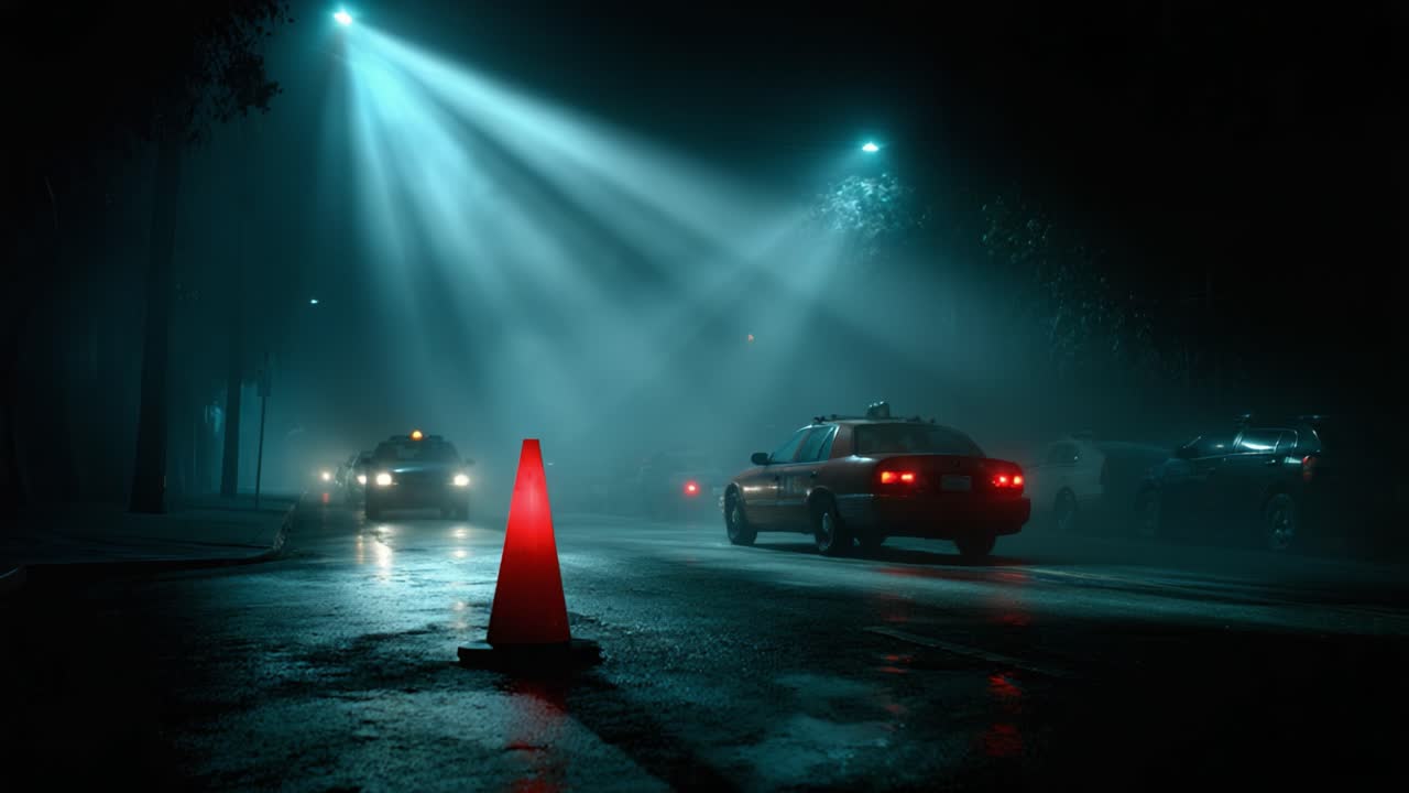 In a moody, atmospheric urban environment, police cars navigate a foggy street illuminated by piercing beams of light from street lamps, with a barricade cone signaling caution in the distance