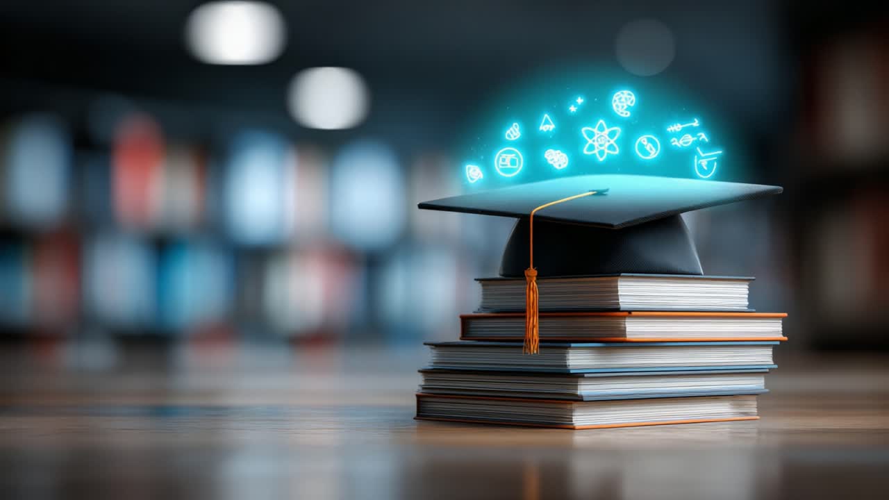A graduation cap sits atop a stack of books, with glowing educational icons representing knowledge, science, and technology emerging from it, symbolizing the pursuit of learning