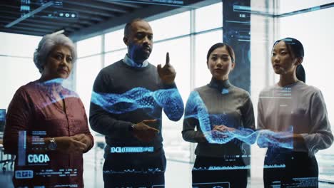 a diverse team collaborating on advanced digital solutions, analyzing data through interactive technology in a modern office environment