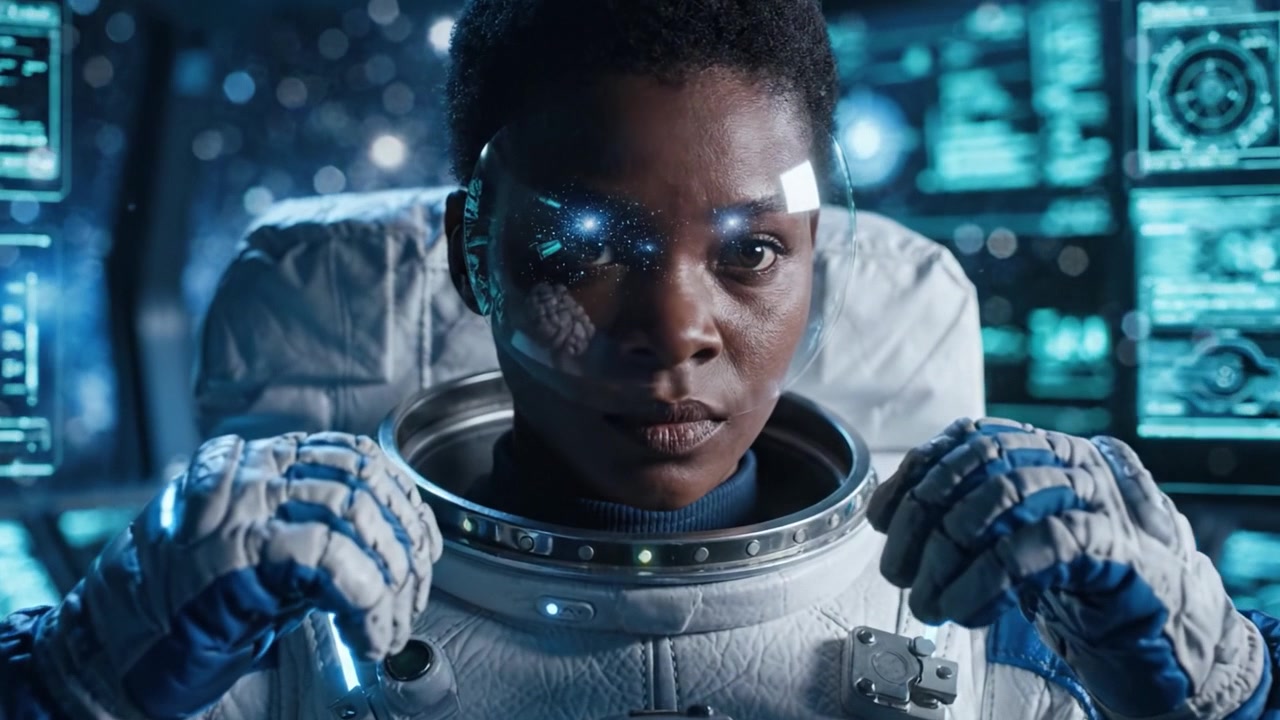 Un astronauta pioniere guarda al futuro: un ritratto ispiratore che cattura l'essenza dell'esplorazione spaziale e dell'innovazione umana in un'ambientazione futuristica.