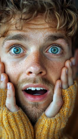 man with surprised expression holds his face in a cozy sweater