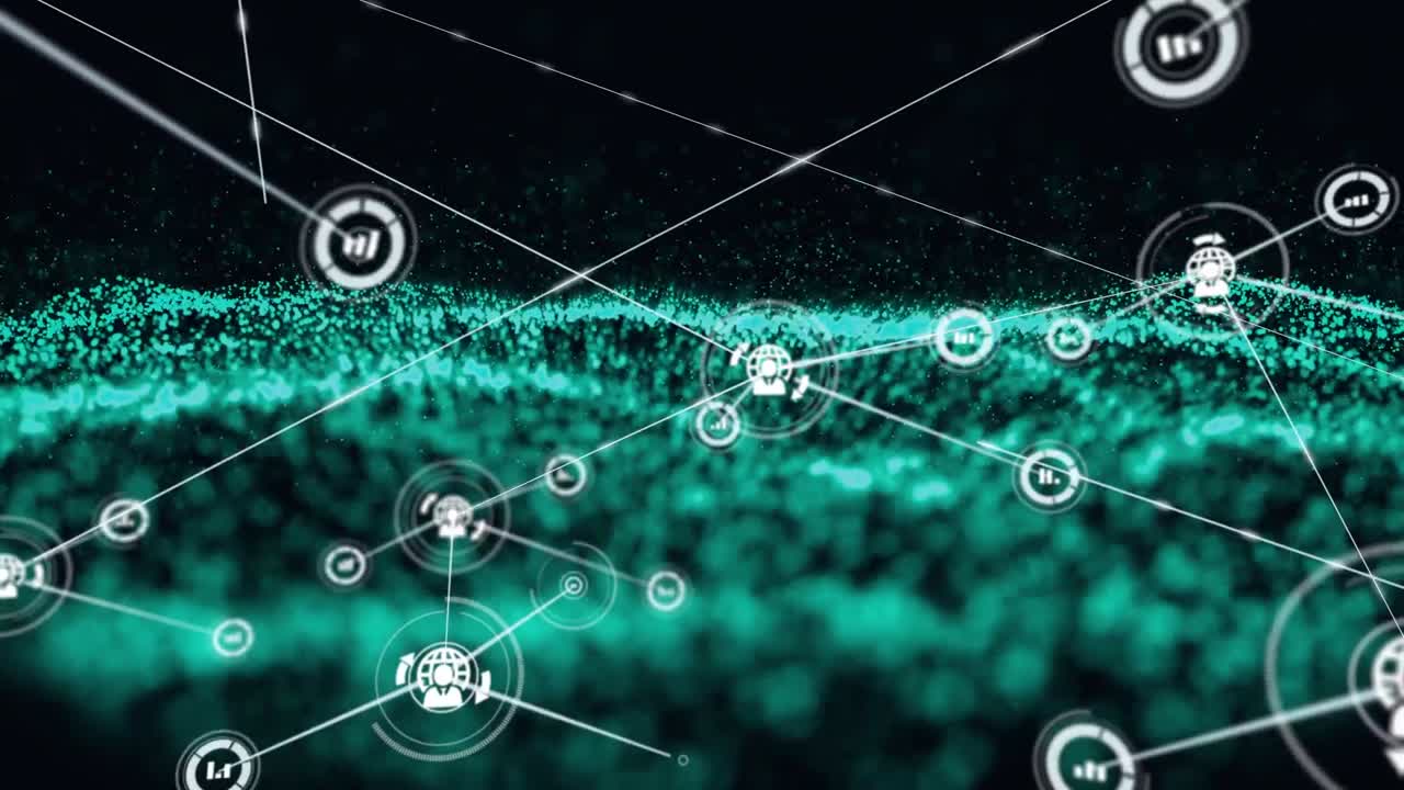 animación de la red de conexiones con iconos sobre malla y fondo negro