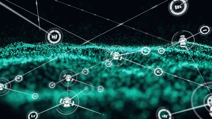 Animation of network of connections with icons over mesh and black background