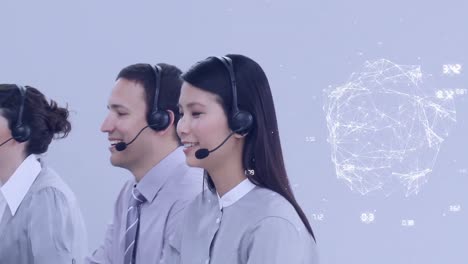 Animation-of-globe-with-network-of-connections-over-business-people-using-phone-headsets