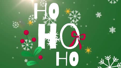Animation-of-ho-ho-ho-text-over-snowflakes-on-green-background