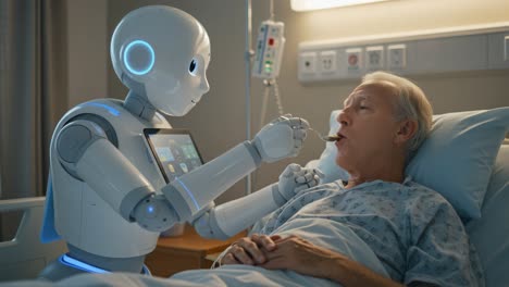 a caring robot assists an elderly patient in a hospital room, providing nourishment and comfort with compassionate technology for improved healthcare experiences