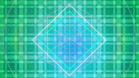 Animation-of-glowing-neon-geometric-figures-on-green-pattern