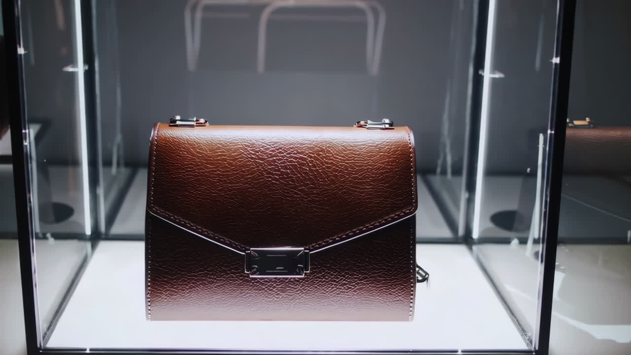 Borsa a tracolla in pelle marrone esposta in negozio