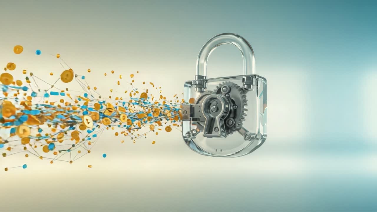 A Transparent Padlock with Dynamic Particles Representing Security and Data Protection in a Digital Environment