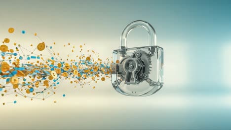 a transparent padlock with dynamic particles representing security and data protection in a digital environment