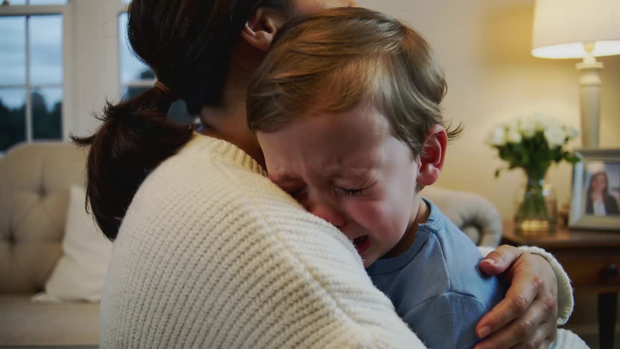 Cradling female caregiver soothing crying preschool boy on home sofa, cream sweater light-blue top