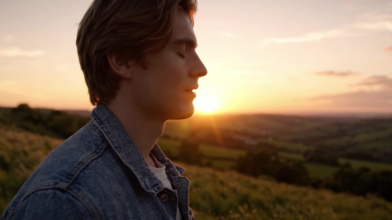 Un giovane osserva un tramonto mozzafiato su dolci colline, cogliendo l'essenza tranquilla della bellezza della natura e il momento di riflessione che ispira.