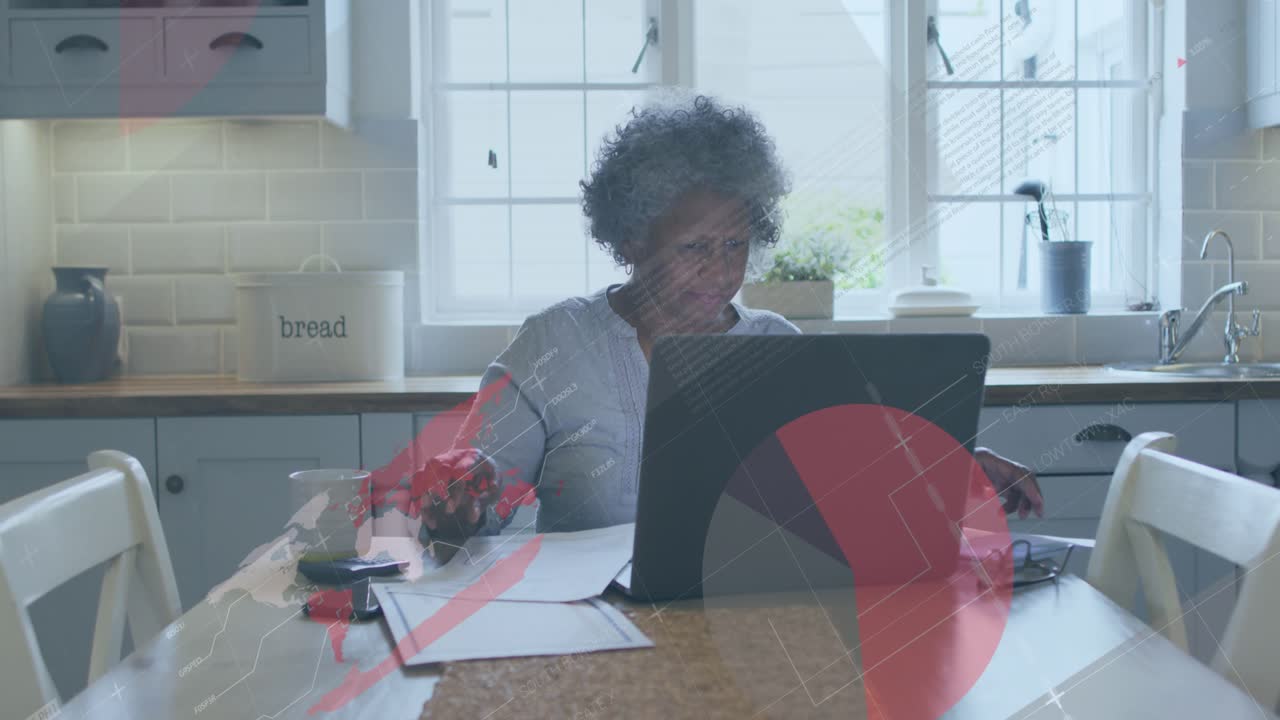 Animation of data processing over african american senior woman with laptop calculating finance