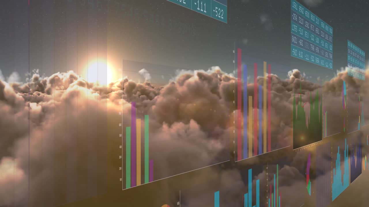 animación de la interfaz con procesamiento de datos estadísticos contra nubes y sol brillante en el cielo.