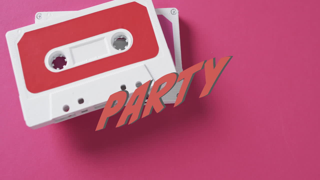 보라색 배경에 있는 테이프 위에 빨간색 파티 텍스트의 애니메이션