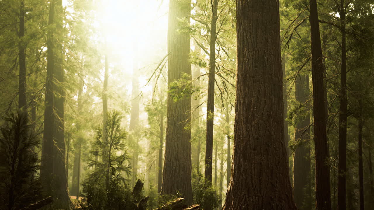 Majestic trees standing tall in a sunlit forest during the morning hours