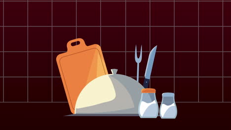 la bandeja del servidor con el conjunto de utensilios de cocina iconos