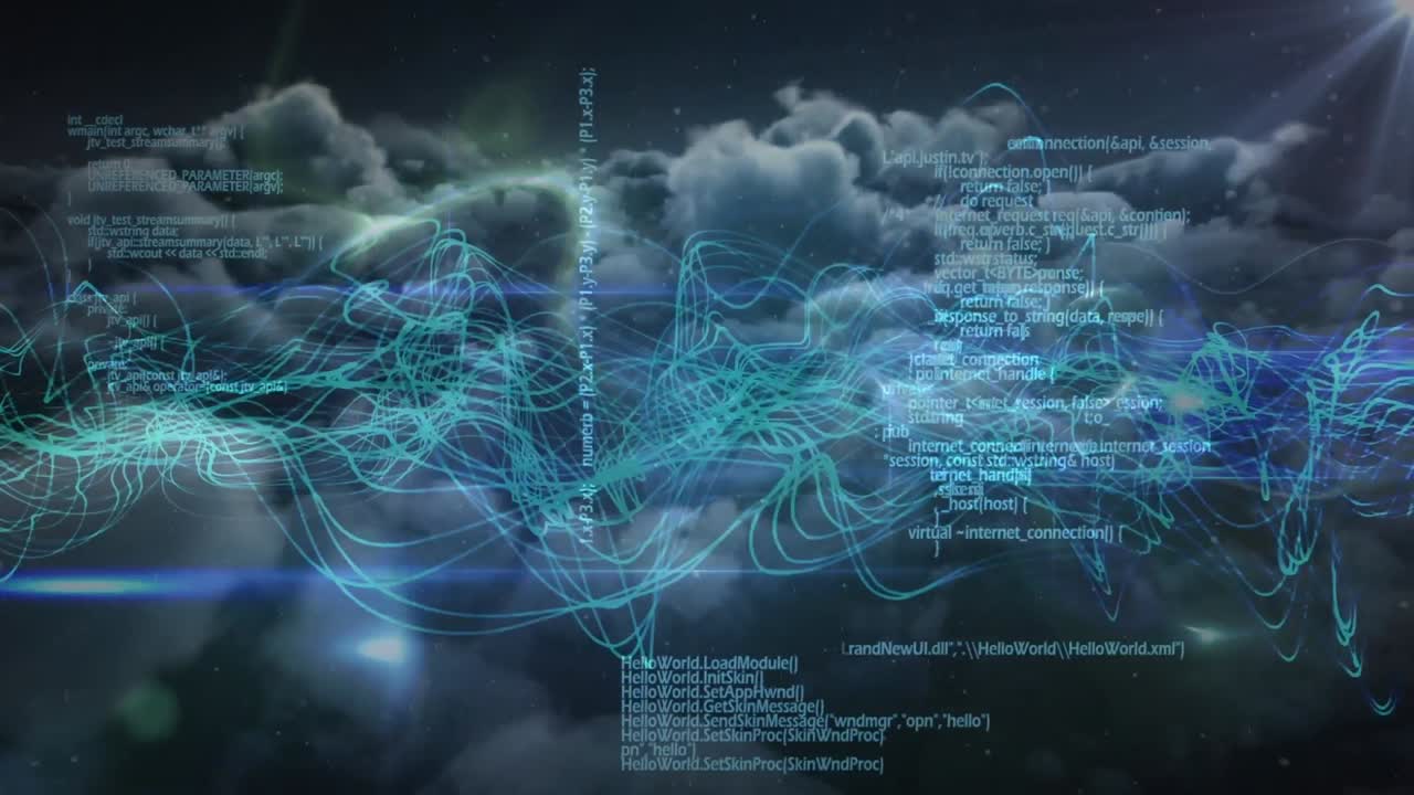Animation of data processing over clouds and black background
