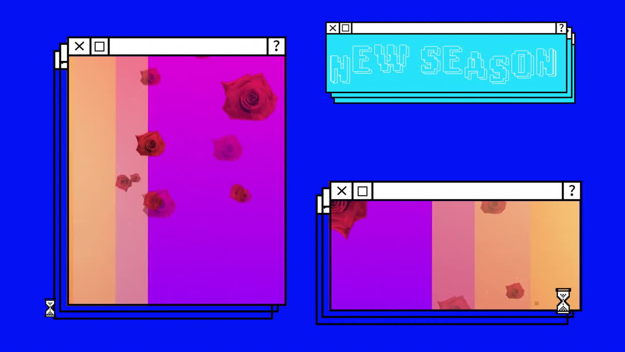 Animation of new season text over computer screens and vibrant background