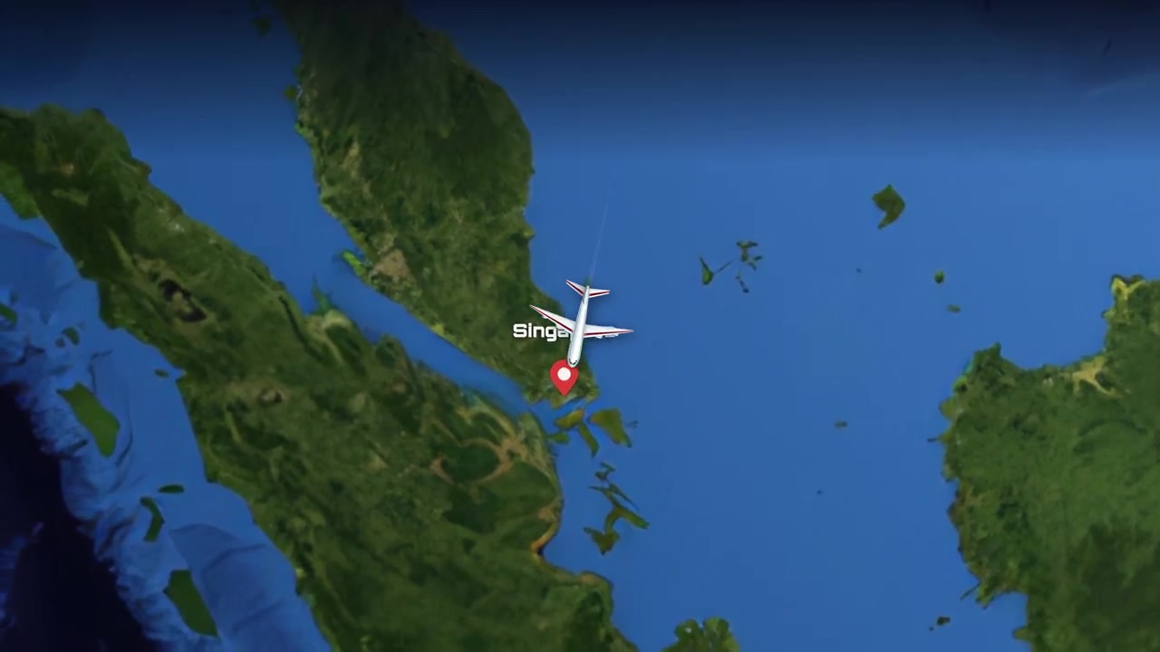 Commercial airplane flies across a 3D digital globe from Chicago to Singapore with labels