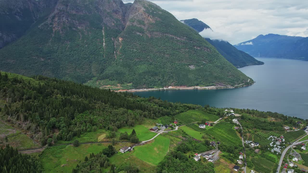Aerial view capturing the lush greenery and rugged mountains of Norway