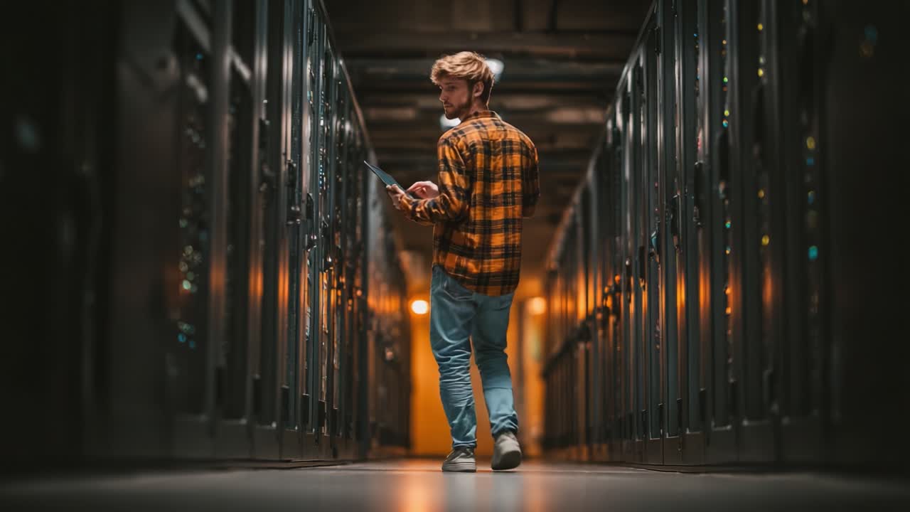 Exploring the Depths of Technology: A Young Man Navigating Through a Server Room and Engaged with His Digital Devices in a Modern Data Center Environment