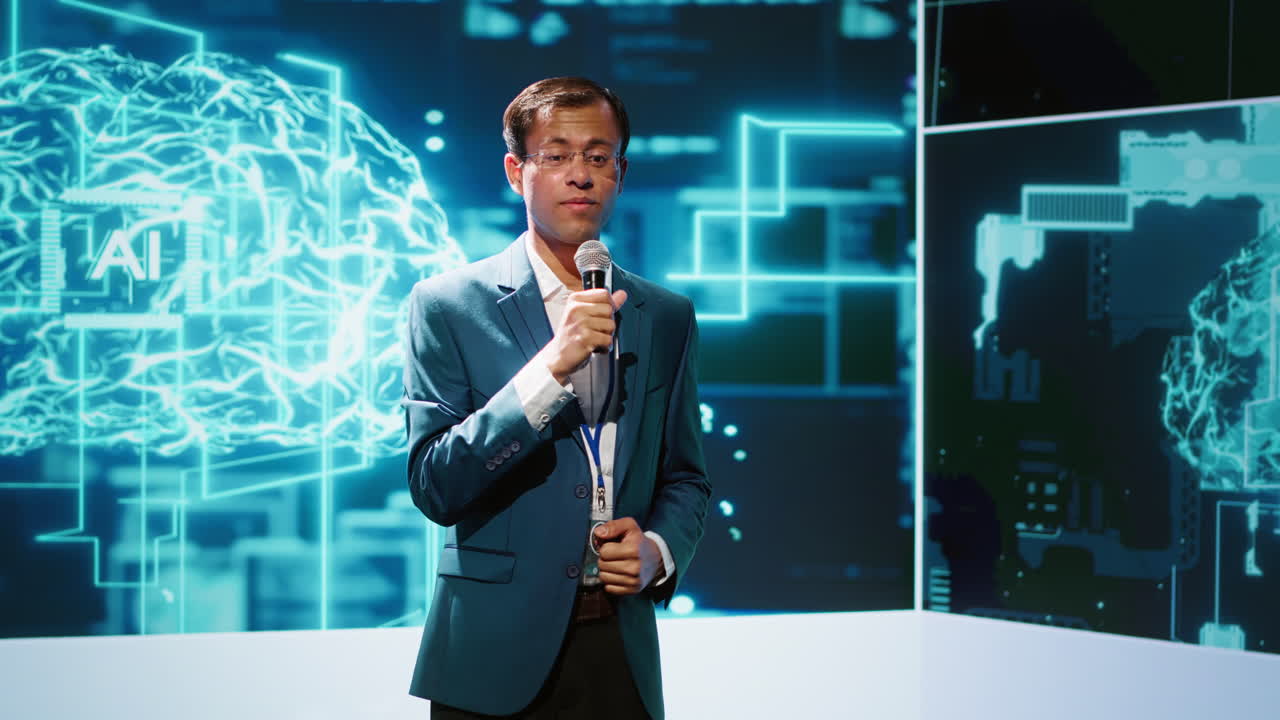 Presenter talks with spectators at AI convention bringing together specialists