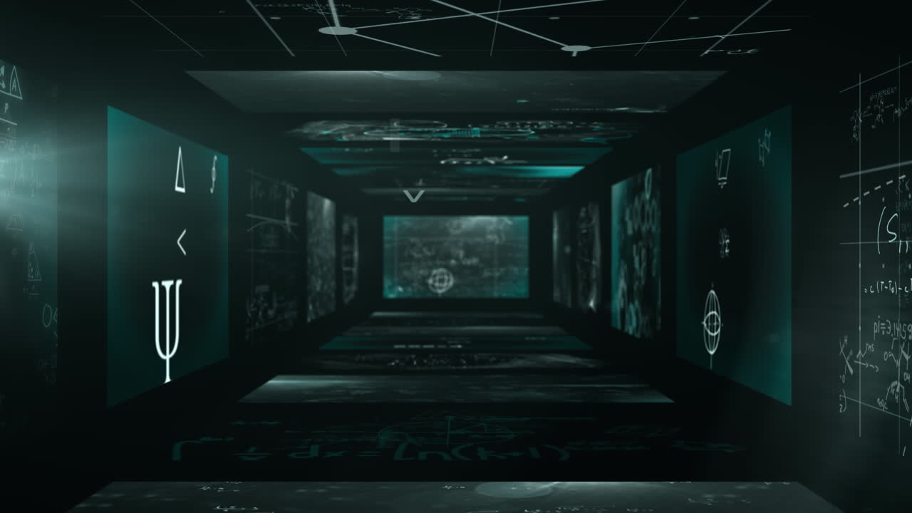 벽에 떠다니는 수학적 방정식 위에 동기를 부여하는 단어로 만든 전구의 애니메이션