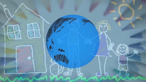 Animation-of-globe-and-data-processing-over-drawing-of-family