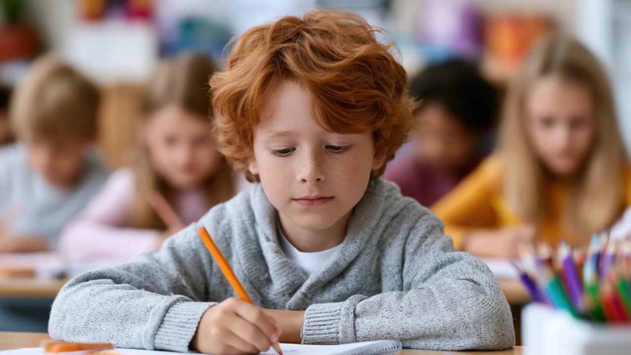 Giovane studente concentrato impegnato in attività di scrittura in un'aula con i compagni, che mostra un momento di concentrazione e apprendimento in un ambiente creativo.