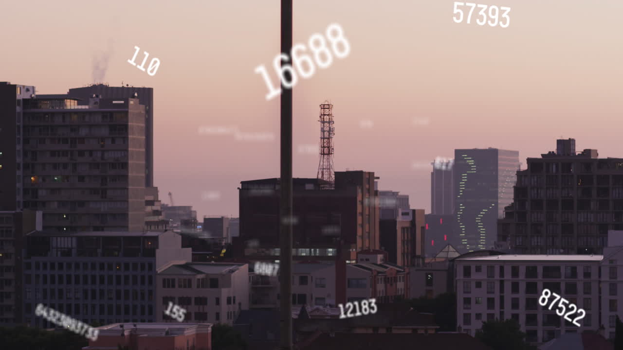 animación de múltiples números cambiantes contra una vista aérea del paisaje urbano