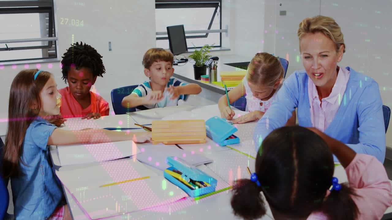 Animation of data processing over caucasian female teacher with diverse schoolchildren