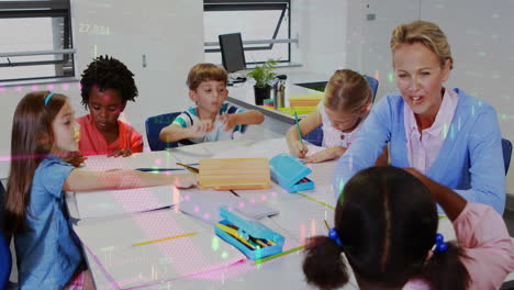 animation of data processing over caucasian female teacher with diverse schoolchildren