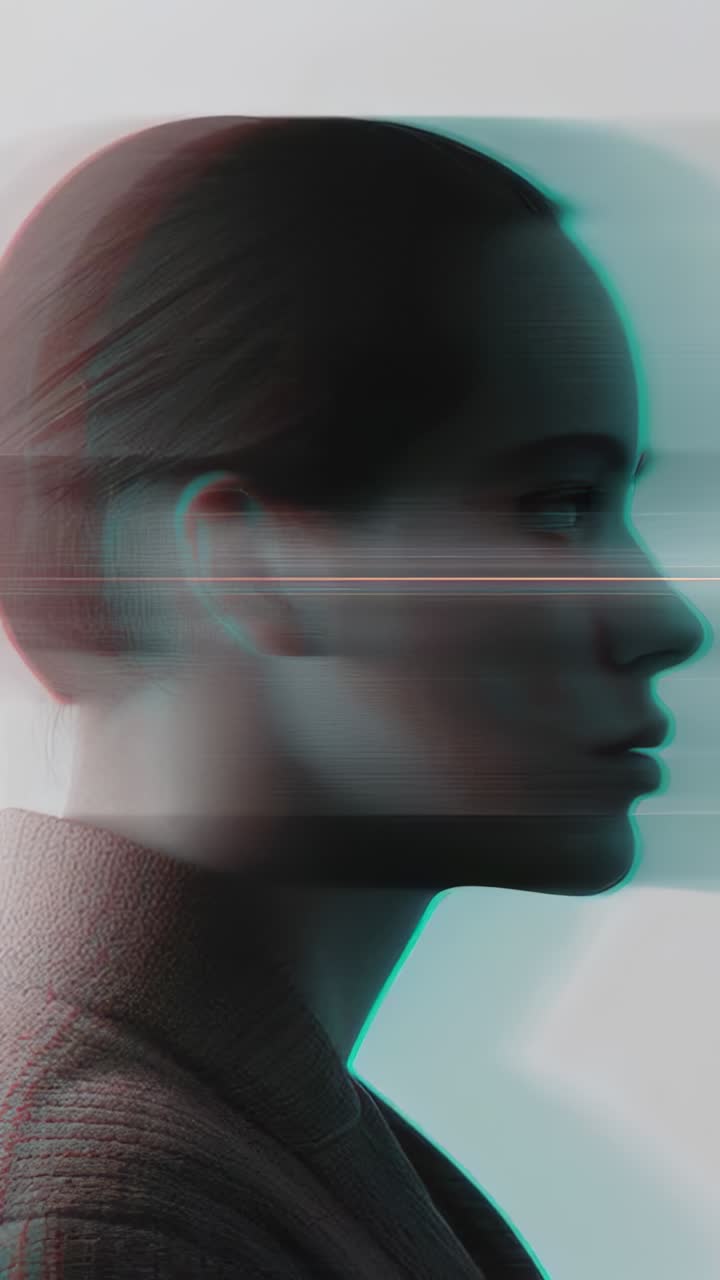 Vertical video: Showing frames RGB glitch, model right profile in knit gaining magenta rim for art