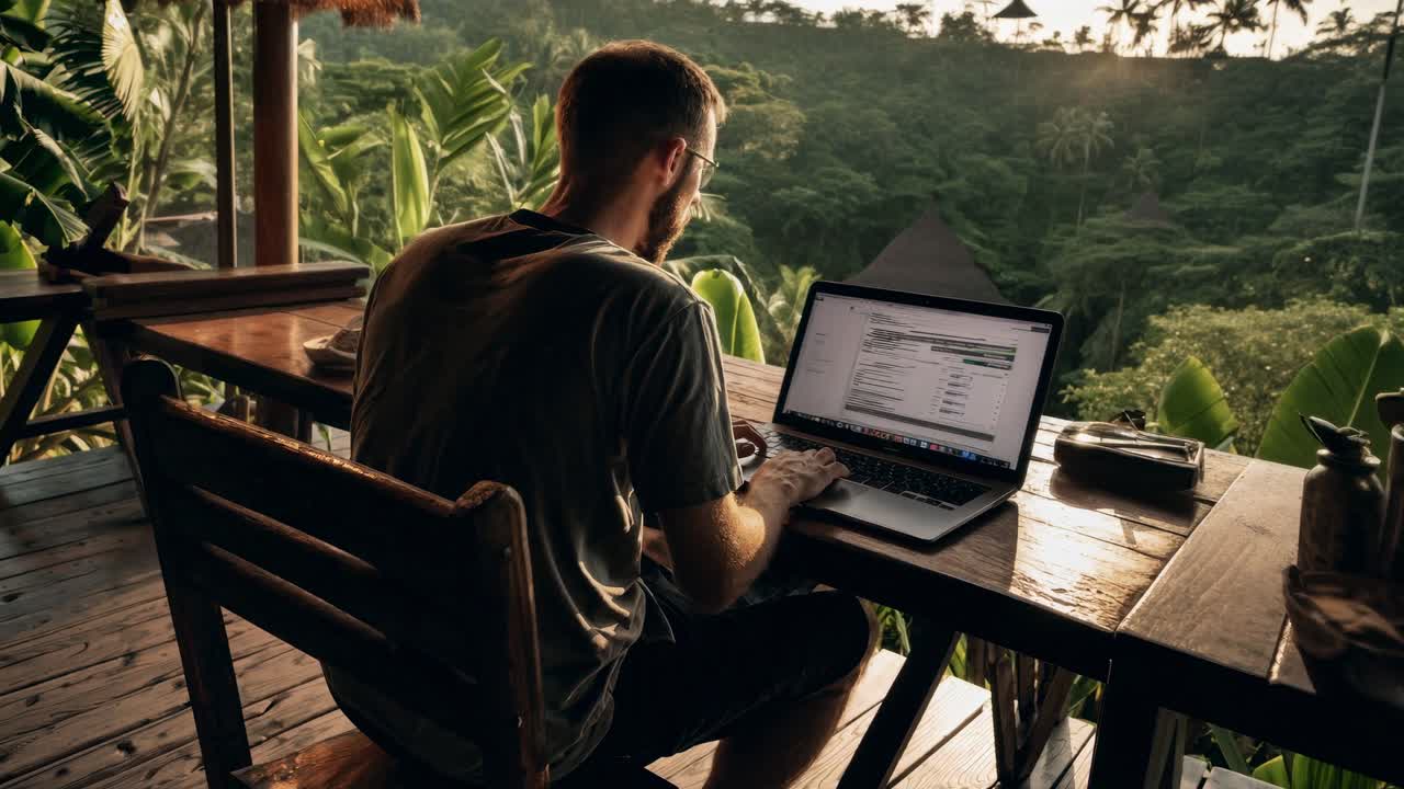 A man works on a laptop in a tropical setting, captured from a side angle