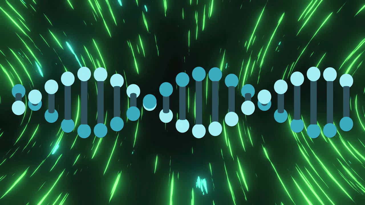 3D-rendered DNA helix rotating across deep gradient, showing turquoise nodes and neon-green streaks