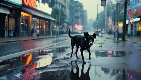 black dog walking in the rain on a city street