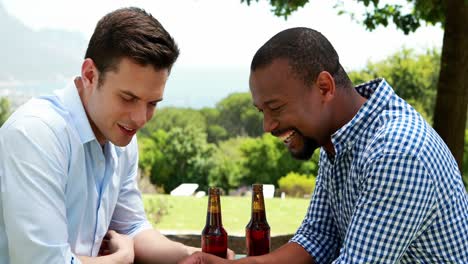 Male-friends-toasting-beer-bottles-in-outdoor-restaurant-4k