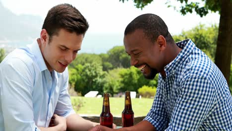 male friends toasting beer bottles in outdoor restaurant 4k