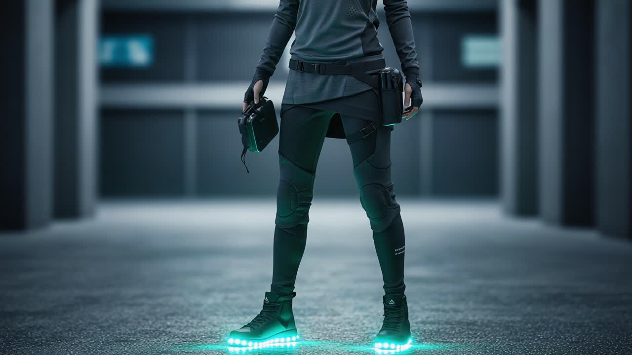 Futuristic Urban Outfit: A Stylish Character in High-Tech Gear Showcasing Innovative Footwear and Accessories in a Sleek Industrial Environment