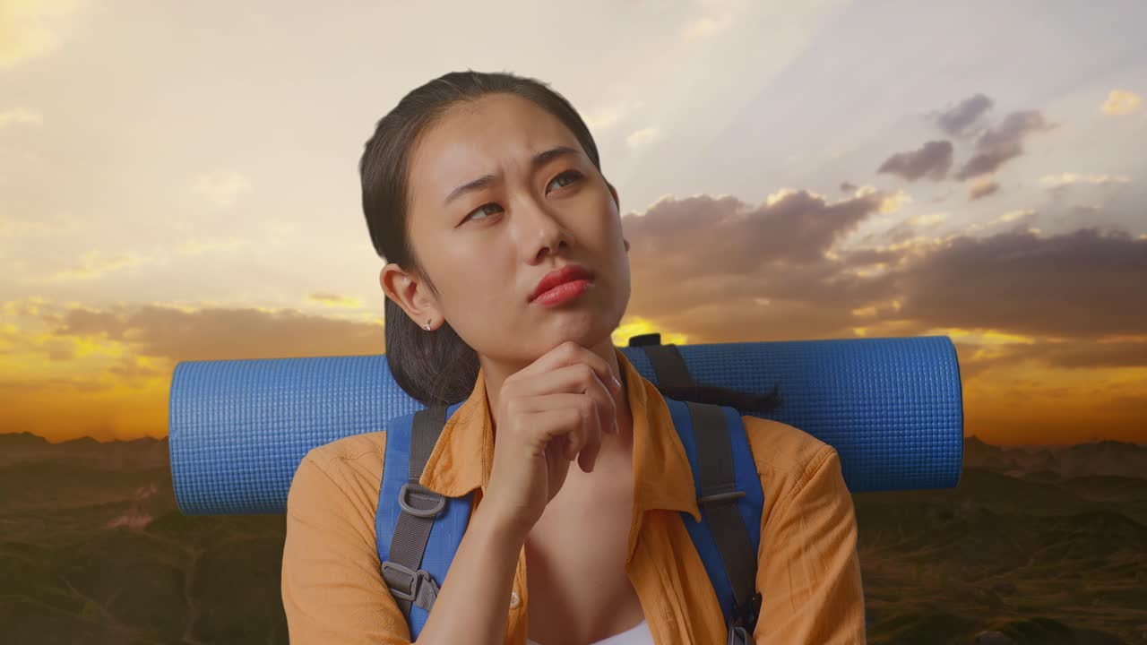 Close Up Of Asian Female Hiker With Mountaineering Backpack Thinking About Something And Looking Around While Standing On The Top Of Mountain During Sunset Time