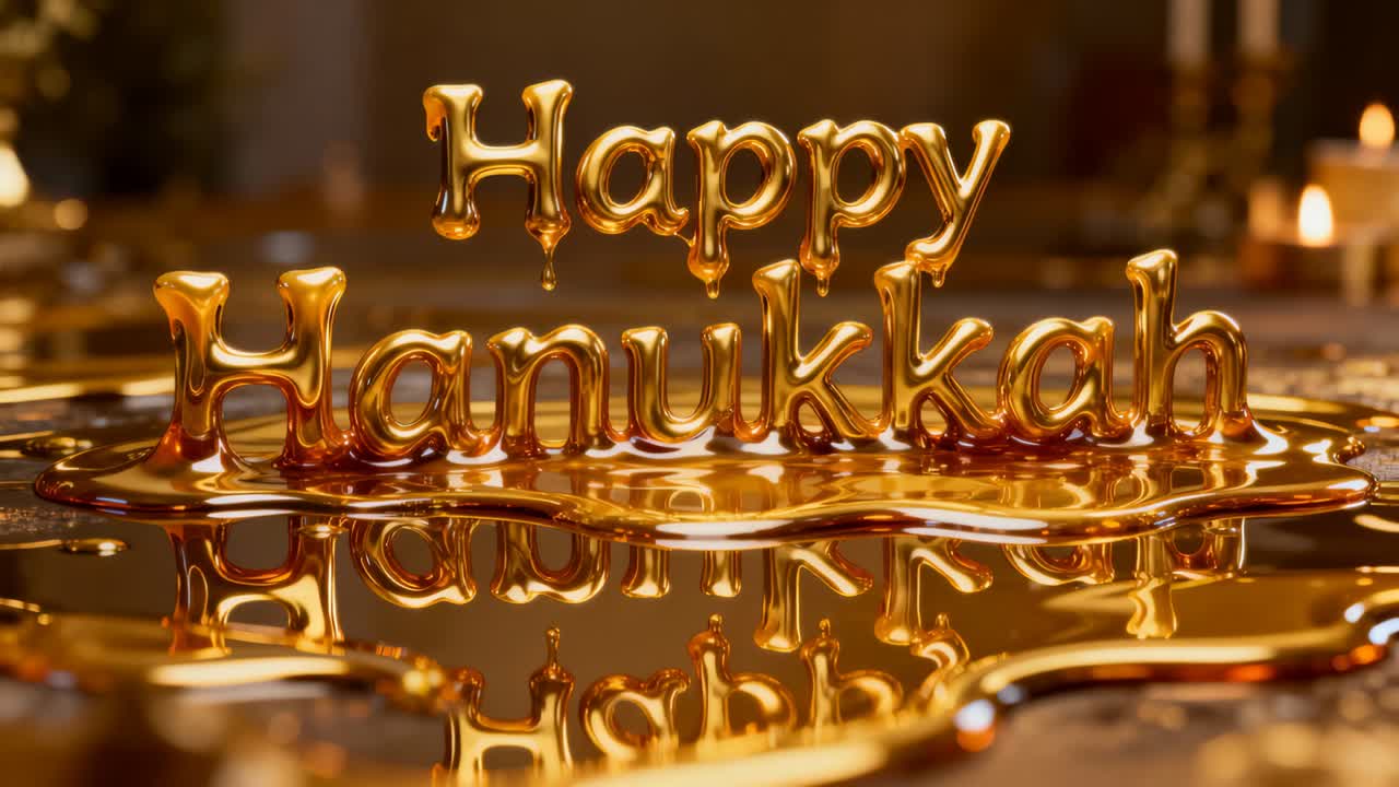 Drops dripping from 3D gold Happy Hanukkah text falling into gold pool, making ripples for holiday