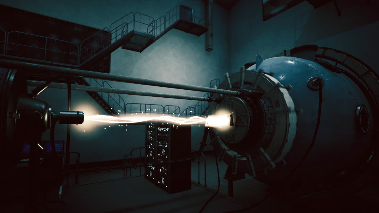 Pasillo sombrío iluminado por un haz de luz controlado con equipo técnico.