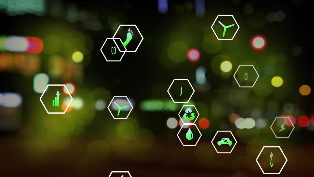 야간 도시 교통의 흐릿한 시야에 맞춰 여러 디지털 아이콘의 애니메이션