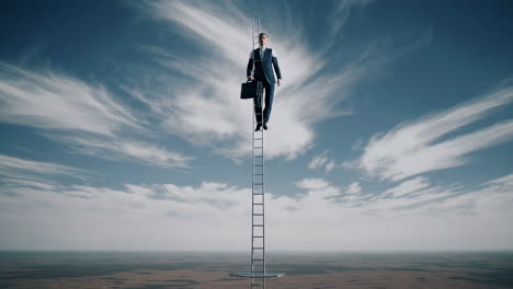 businessman climbing a ladder towards the sky