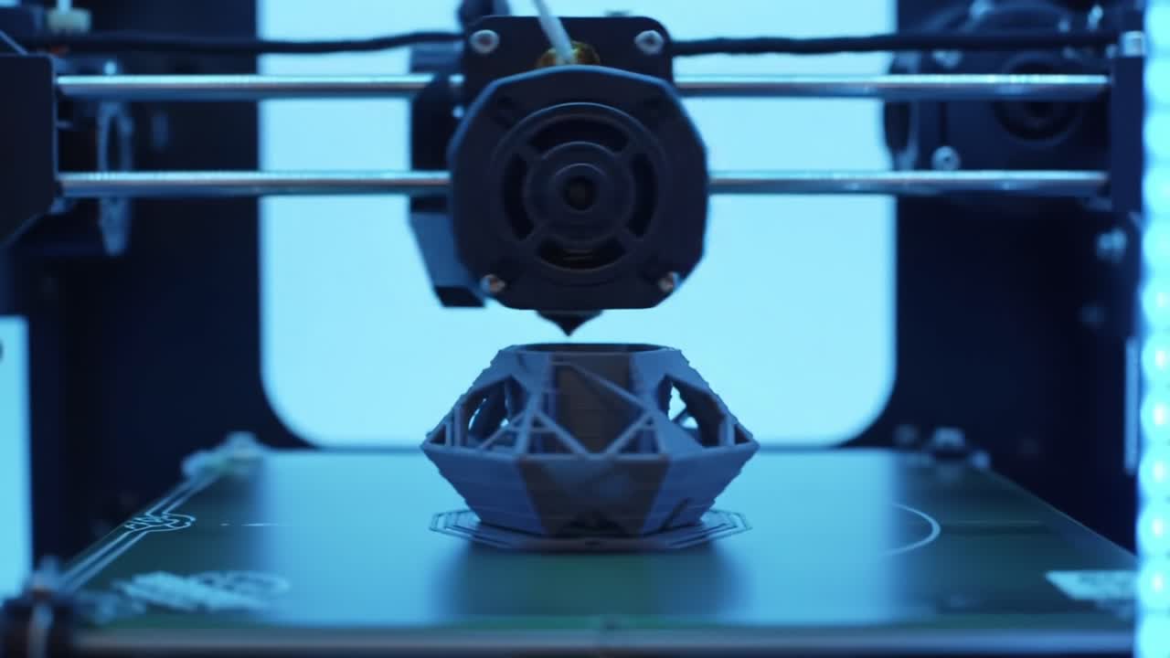 A Precision 3D Printer in Action: Creating a Complex Geometric Model Layer by Layer Under Soft Blue Lighting